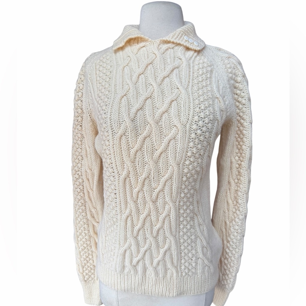 1970s 100% Wool Ivory Optional Button Closure Collar Cable Knit Fisherman Sweate